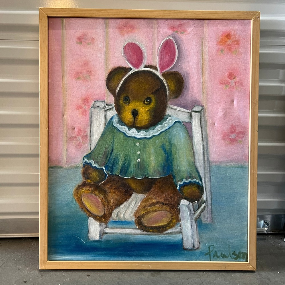VTG Teddy Bear Painting Bunny Ears Paulson Art Pink Kidcore Framed‎ USA 21x25.5
